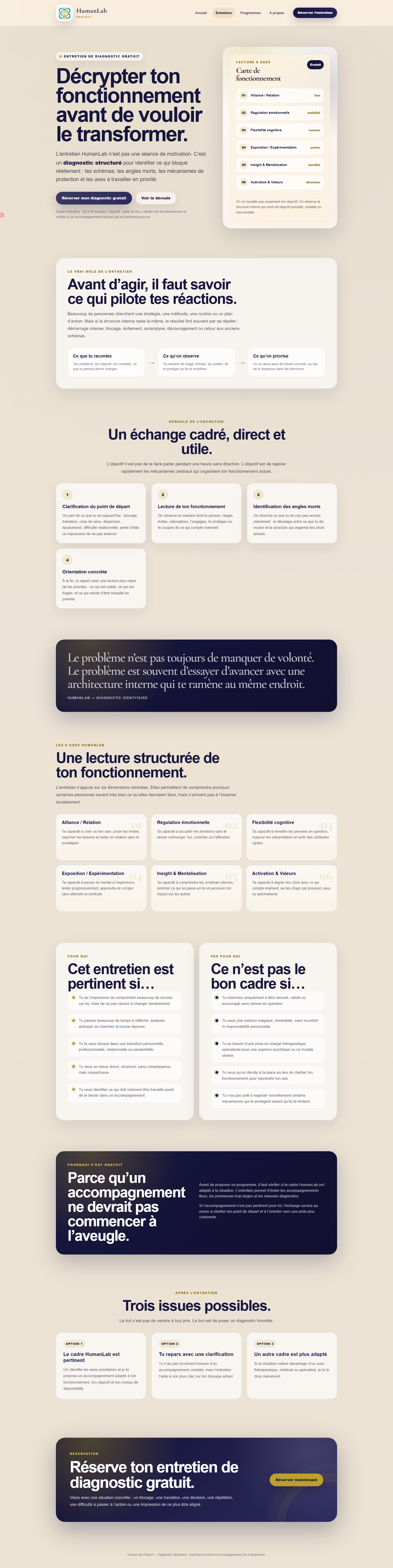 Landing page complète HumanLab pour l'entretien diagnostic gratuit