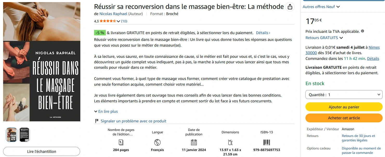 Page Amazon du livre Réussir sa reconversion dans le massage bien-être