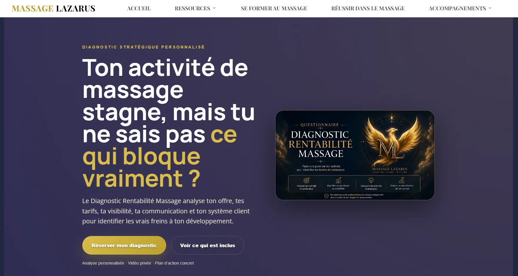 Page de vente du Diagnostic Rentabilité Massage