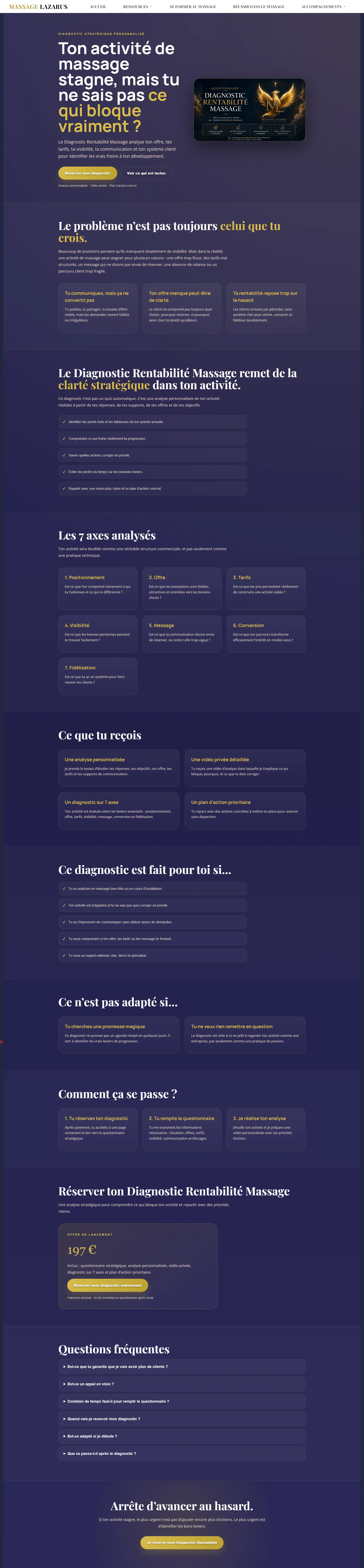 Page de vente complète Diagnostic Rentabilité Massage